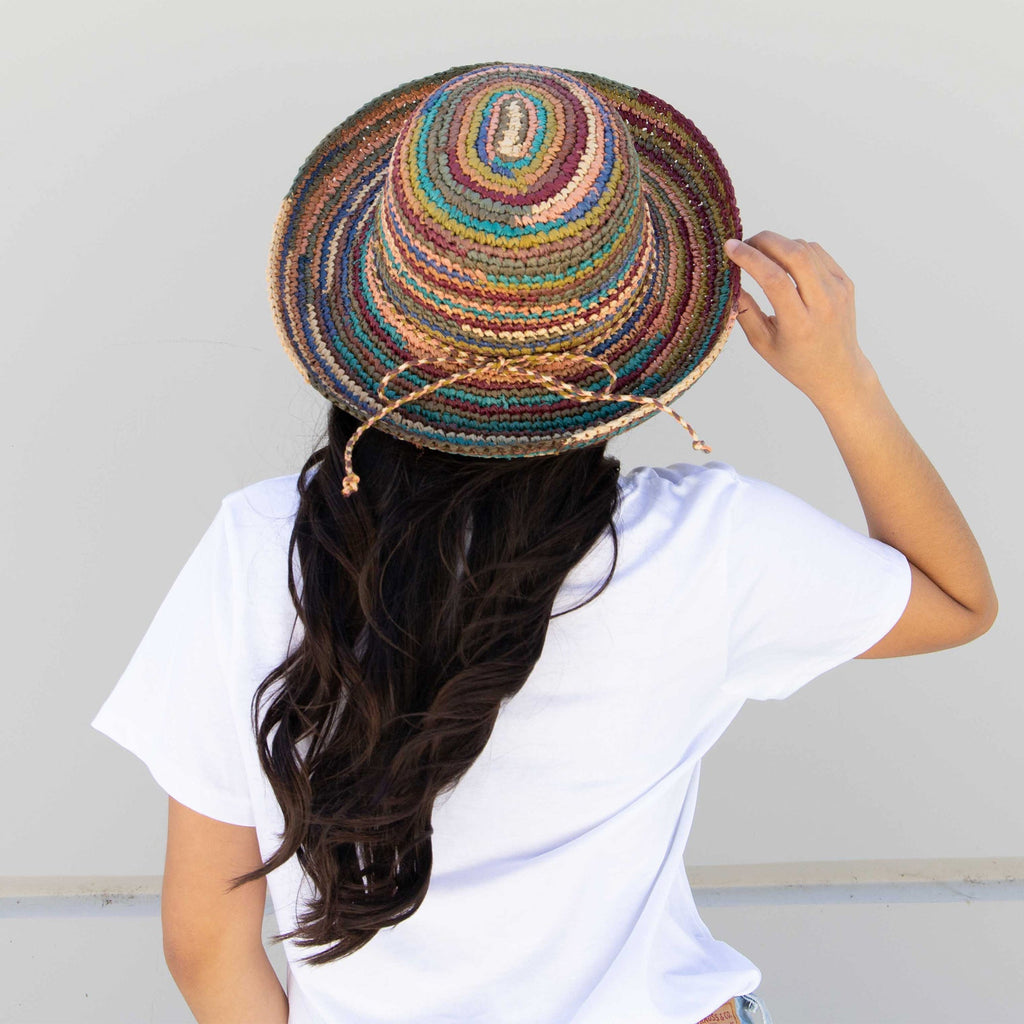 Crocheted raffia kettle brim hat in mixed brights, view 2