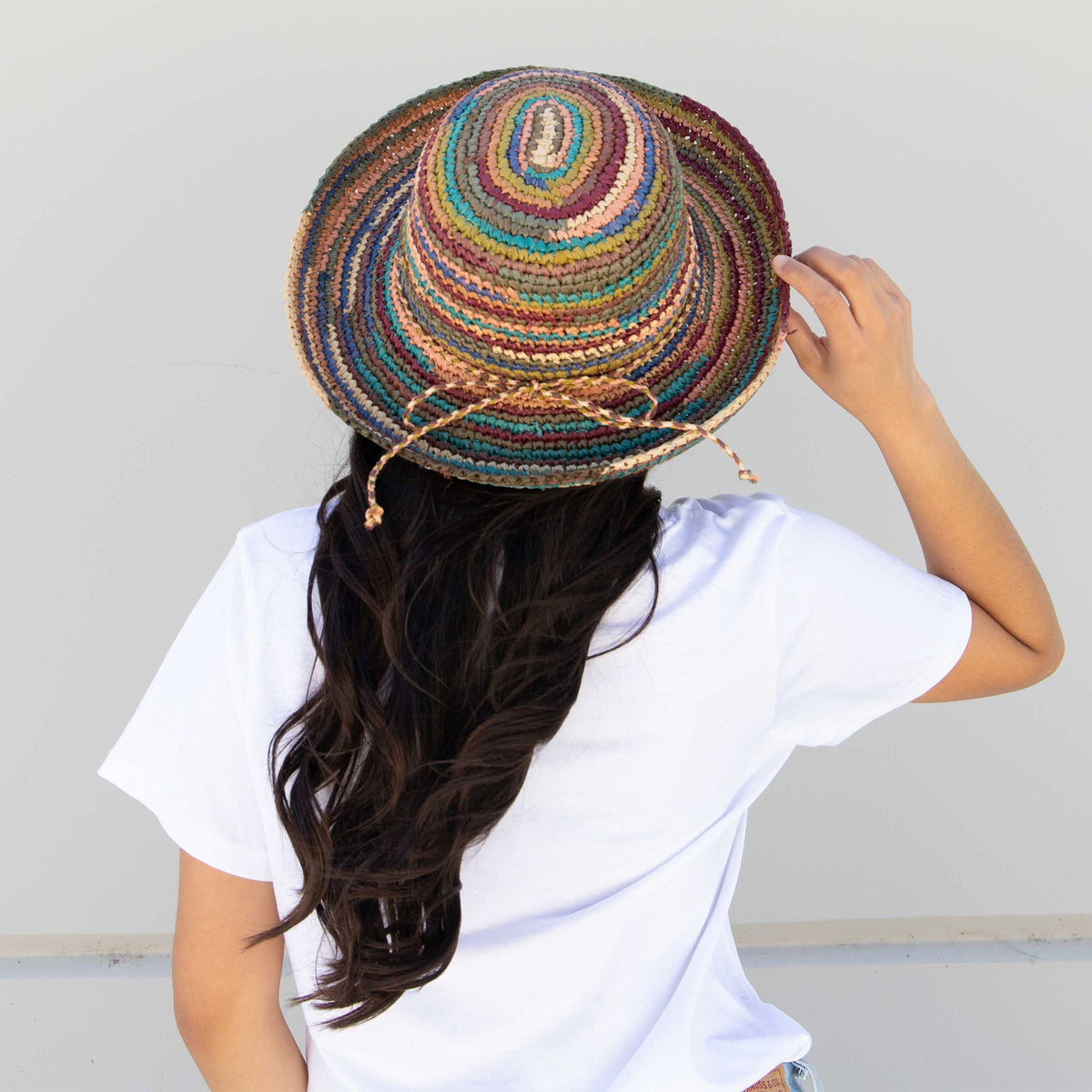Crocheted raffia kettle brim hat in mixed brights, view 2