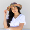 Crocheted raffia kettle brim hat in mixed brights