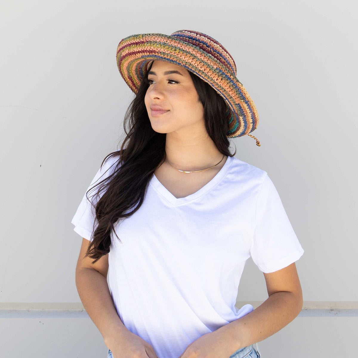 Crocheted raffia kettle brim hat in mixed brights, view 3