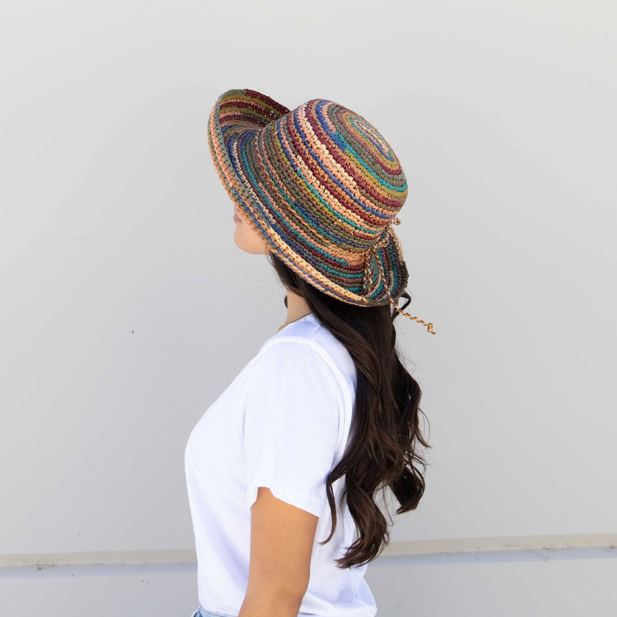 Crocheted raffia kettle brim hat in mixed brights, view 4