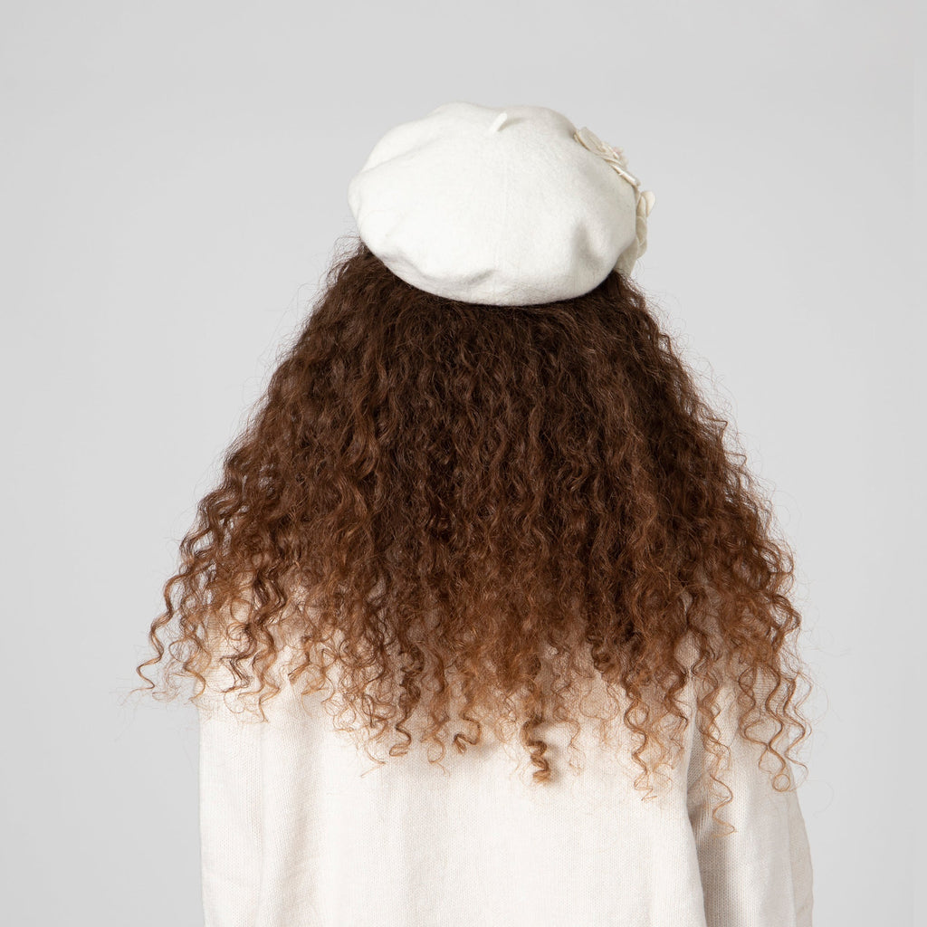 Women's wool beret with flower accents in ivory, view 4