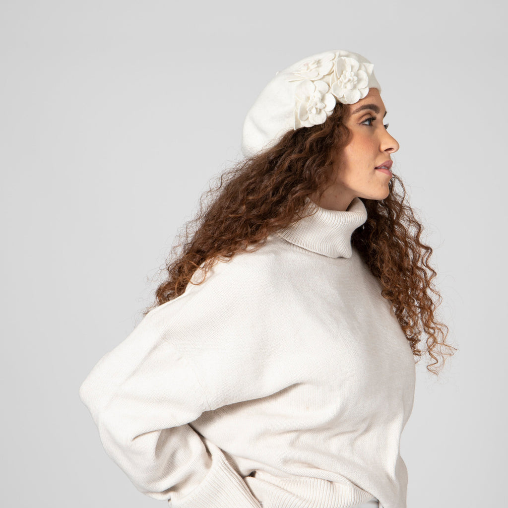 Women's wool beret with flower accents in ivory, view 3