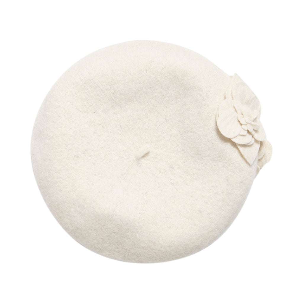 Women's wool beret with flower accents in ivory, view 6