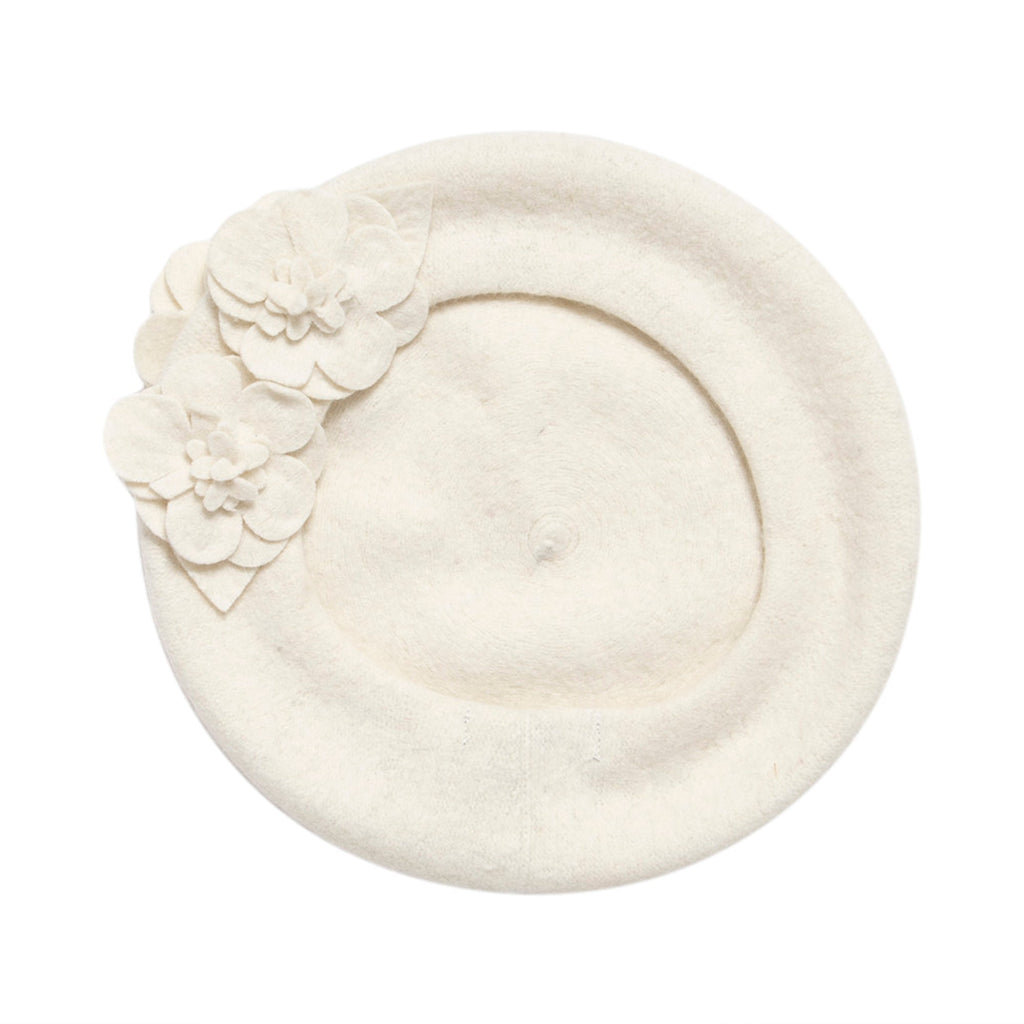 Women's wool beret with flower accents in ivory, view 5