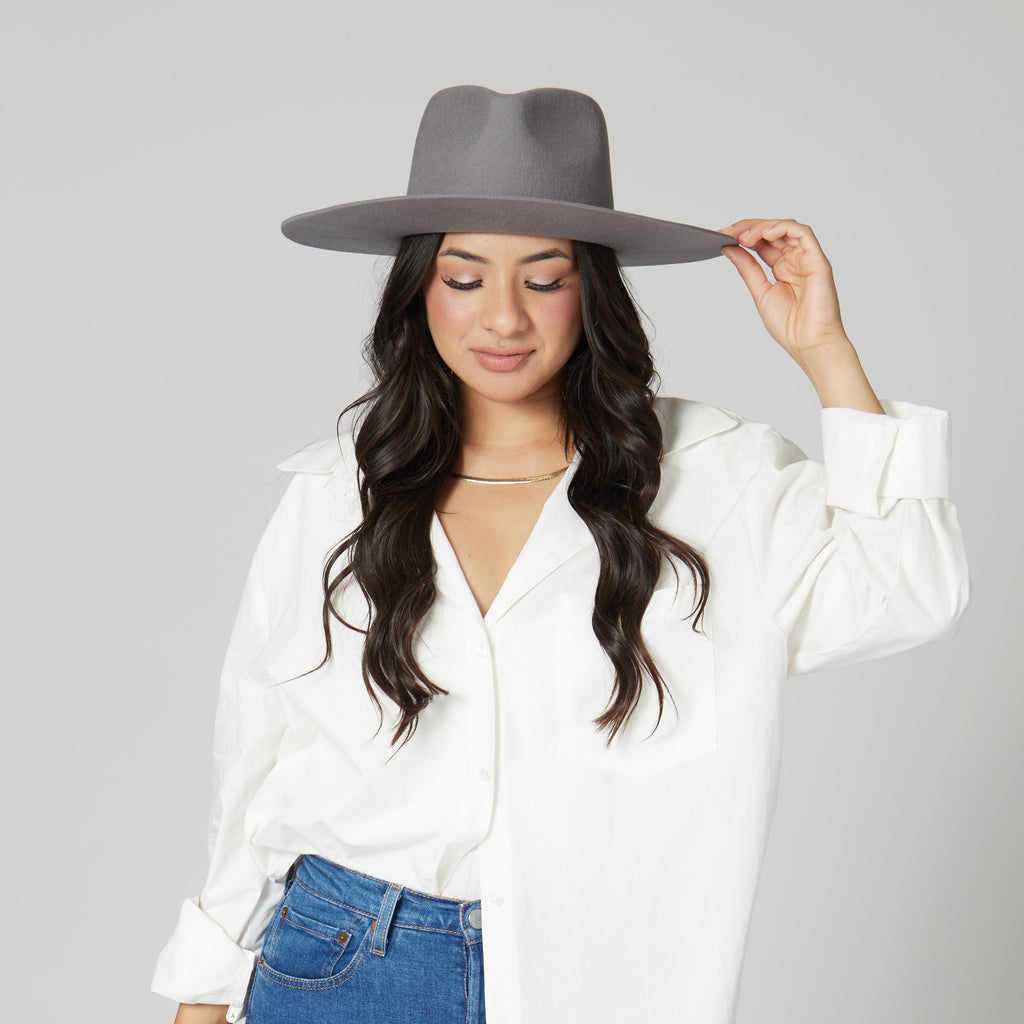 The Julian wool felt stiff brim fedora with bow trim in grey, view 2