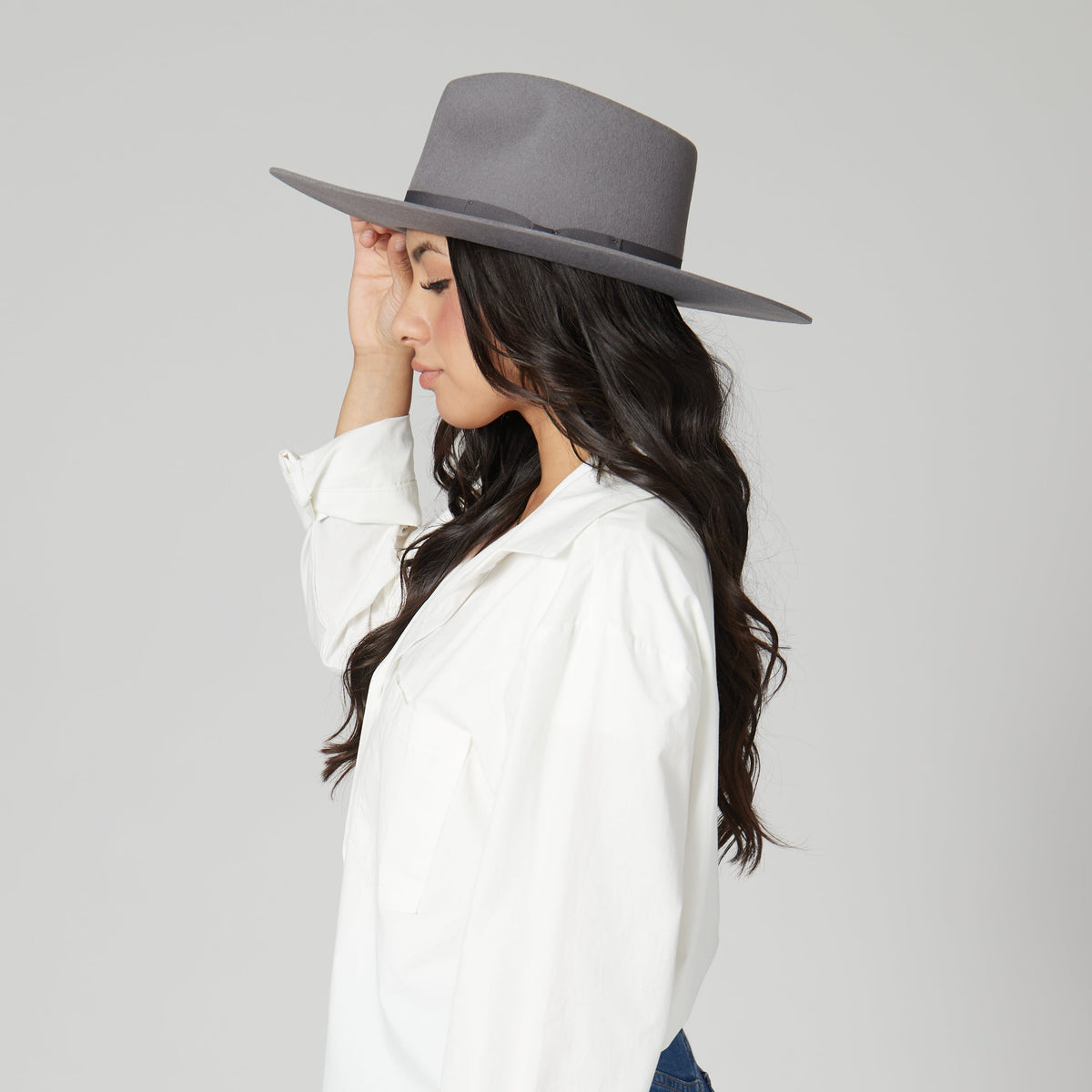 The Julian wool felt stiff brim fedora with bow trim in grey, view 5